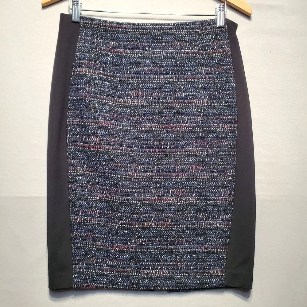 White House Black Market Black Tweed Pencil Skirt Womens 8 Ponte Panel Stretch